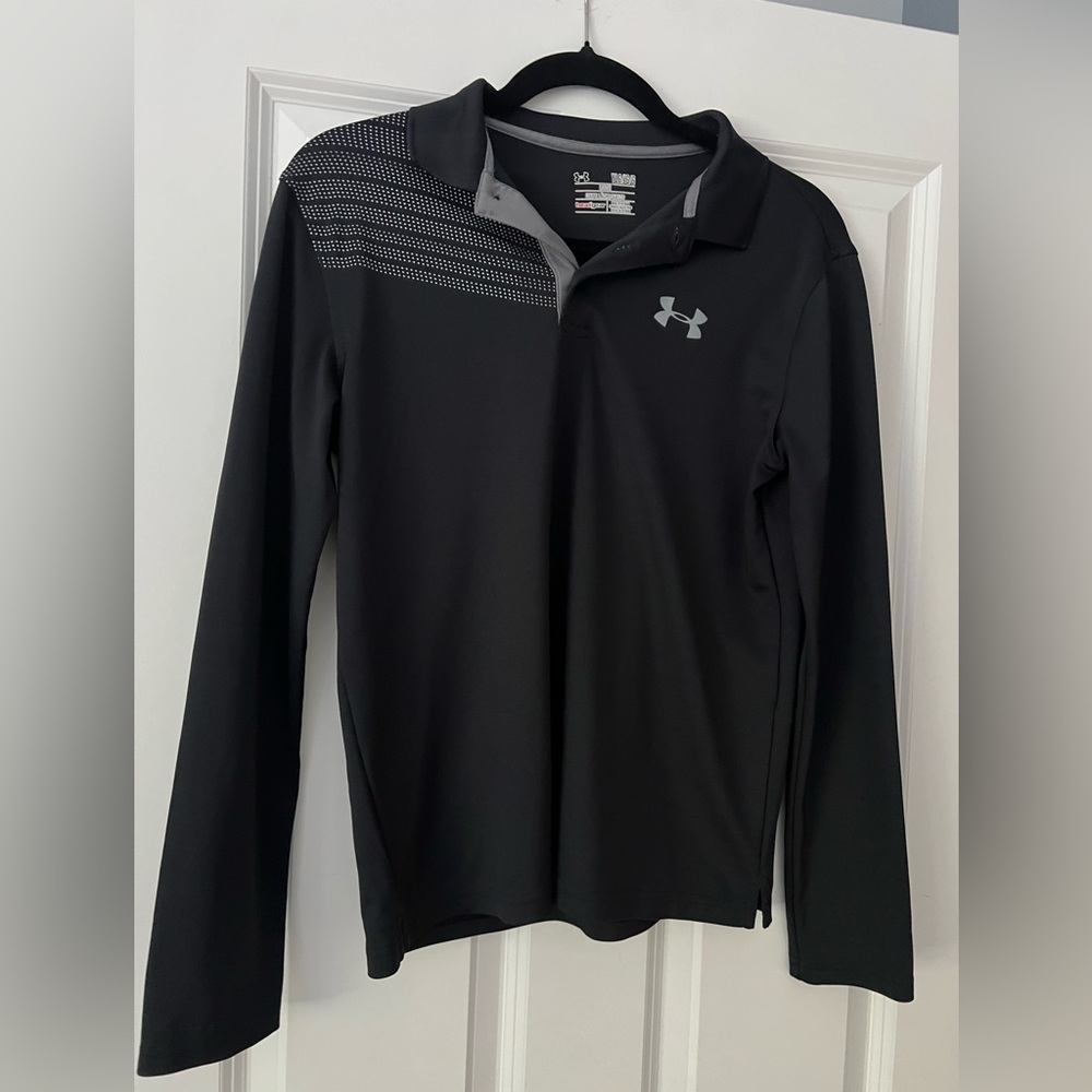 Under Armour Youth Black Performance long sleeve shirt with collar.